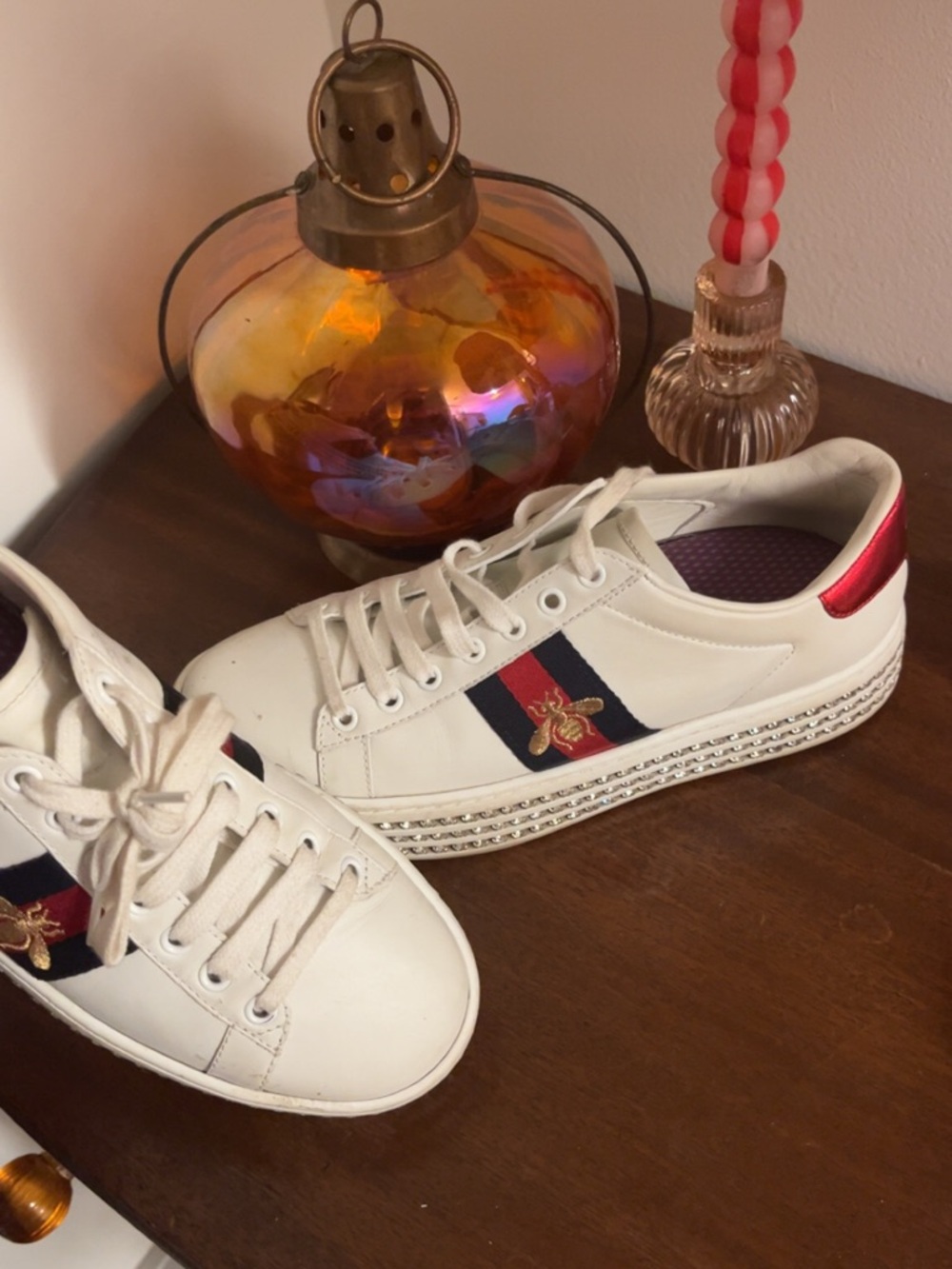 Gucci White Leather Sneakers with Red & Navy Stripe Bee Embroidery